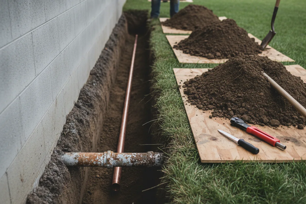 Excavated water line trench during Sewer Line Repair in Marietta
